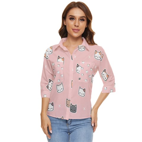 Cute Cat Cartoon Doodle Seamless Pink Pattern Women s Quarter Sleeve Pocket Shirt by Grandong