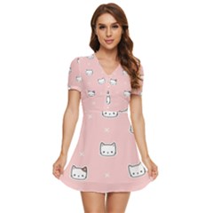 Cute Cat Cartoon Doodle Seamless Pink Pattern V-Neck High Waist Chiffon Mini Dress