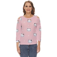 Cute Cat Cartoon Doodle Seamless Pink Pattern Cut Out Wide Sleeve Top