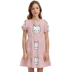 Cute Cat Cartoon Doodle Seamless Pink Pattern Kids  Puff Sleeved Dress