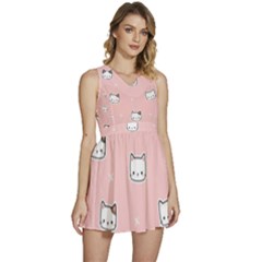 Cute Cat Cartoon Doodle Seamless Pink Pattern Sleeveless High Waist Mini Dress