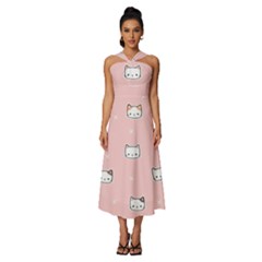 Cute Cat Cartoon Doodle Seamless Pink Pattern Sleeveless Cross Front Cocktail Midi Chiffon Dress