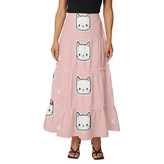 Cute Cat Cartoon Doodle Seamless Pink Pattern Tiered Ruffle Maxi Skirt