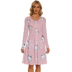 Cute Cat Cartoon Doodle Seamless Pink Pattern Long Sleeve Dress With Pocket by Grandong