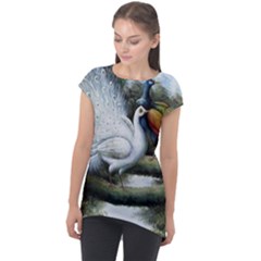 Canvas Oil Painting Two Peacock Cap Sleeve High Low Top by Grandong