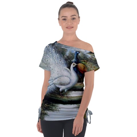 Canvas Oil Painting Two Peacock Off Shoulder Tie-up T-shirt by Grandong