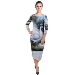 Canvas Oil Painting Two Peacock Quarter Sleeve Midi Velour Bodycon Dress by Grandong