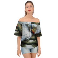Canvas Oil Painting Two Peacock Off Shoulder Short Sleeve Top by Grandong