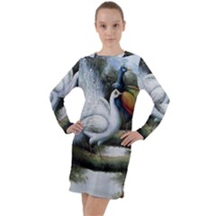 Canvas Oil Painting Two Peacock Long Sleeve Hoodie Dress by Grandong