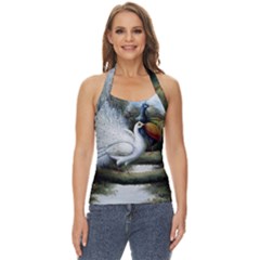 Canvas Oil Painting Two Peacock Basic Halter Top by Grandong