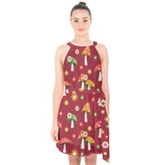 Woodland Mushroom And Daisy Seamless Pattern Halter Collar Waist Tie Chiffon Dress by Grandong