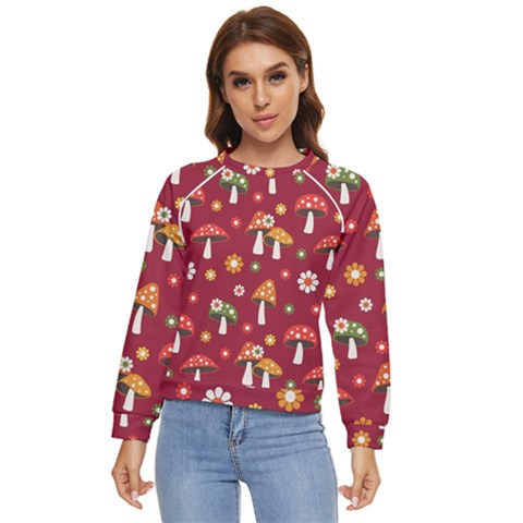 Woodland Mushroom And Daisy Seamless Pattern Women s Long Sleeve Raglan T-shirt by Grandong