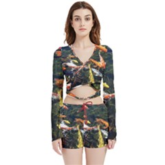 Koi Pond 3d Fish Velvet Wrap Crop Top And Shorts Set by Grandong