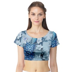 Chinese Style 3d Embossed Blue Peacock Oil Painting Short Sleeve Crop Top by Grandong