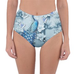 Chinese Style 3d Embossed Blue Peacock Oil Painting Reversible High-Waist Bikini Bottoms