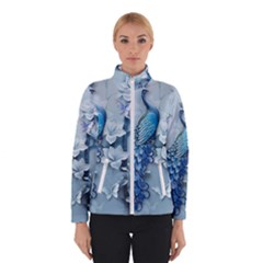 Chinese Style 3d Embossed Blue Peacock Oil Painting Women s Bomber Jacket