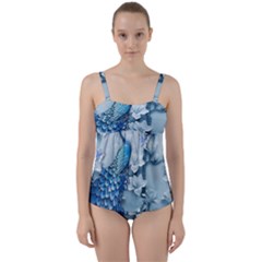 Chinese Style 3d Embossed Blue Peacock Oil Painting Twist Front Tankini Set