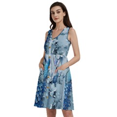 Chinese Style 3d Embossed Blue Peacock Oil Painting Sleeveless Dress With Pocket