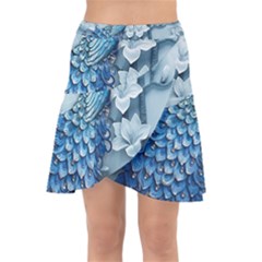 Chinese Style 3d Embossed Blue Peacock Oil Painting Wrap Front Skirt by Grandong