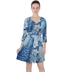Chinese Style 3d Embossed Blue Peacock Oil Painting Quarter Sleeve Ruffle Waist Dress
