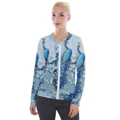 Chinese Style 3d Embossed Blue Peacock Oil Painting Velvet Zip Up Jacket by Grandong