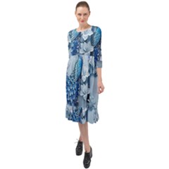 Chinese Style 3d Embossed Blue Peacock Oil Painting Ruffle End Midi Chiffon Dress