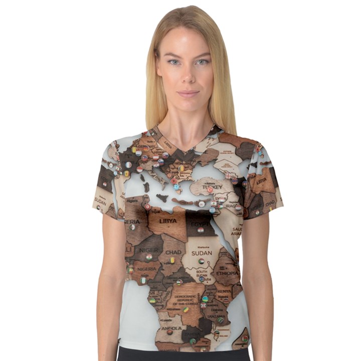 3d Vintage World Map V-Neck Sport Mesh T-Shirt