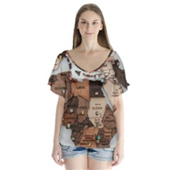 3d Vintage World Map V-neck Flutter Sleeve Top by Grandong