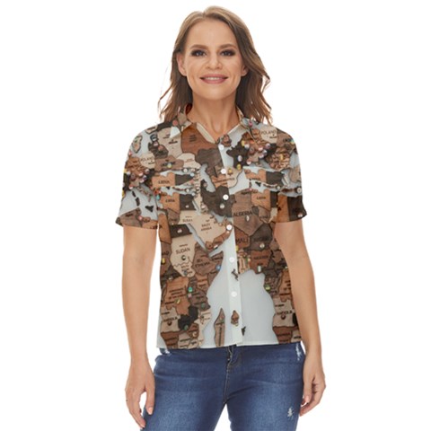 3d Vintage World Map Women s Short Sleeve Double Pocket Shirt by Grandong