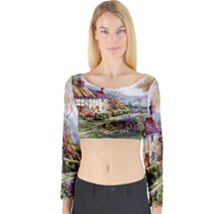 Colorful Cottage River Colorful House Landscape Garden Beautiful Painting Long Sleeve Crop Top by Grandong