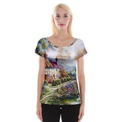 Colorful Cottage River Colorful House Landscape Garden Beautiful Painting Cap Sleeve Top by Grandong