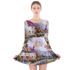 Colorful Cottage River Colorful House Landscape Garden Beautiful Painting Long Sleeve Velvet Skater Dress by Grandong