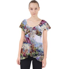 Colorful Cottage River Colorful House Landscape Garden Beautiful Painting Lace Front Dolly Top by Grandong