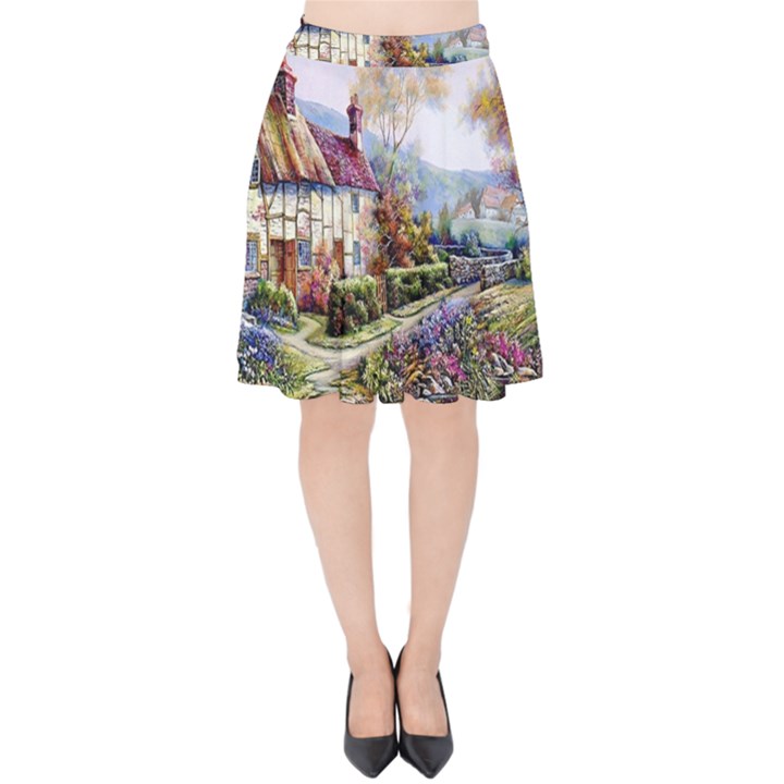 Colorful Cottage River Colorful House Landscape Garden Beautiful Painting Velvet High Waist Skirt