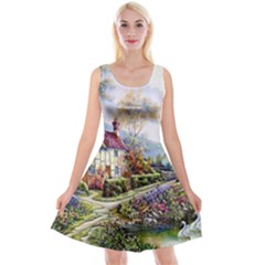 Colorful Cottage River Colorful House Landscape Garden Beautiful Painting Reversible Velvet Sleeveless Dress by Grandong