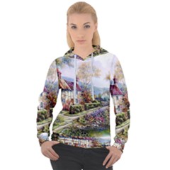 Colorful Cottage River Colorful House Landscape Garden Beautiful Painting Women s Overhead Hoodie by Grandong