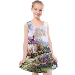 Colorful Cottage River Colorful House Landscape Garden Beautiful Painting Kids  Cross Back Dress