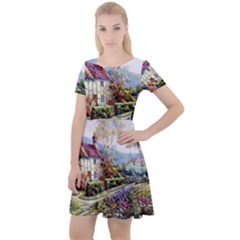 Colorful Cottage River Colorful House Landscape Garden Beautiful Painting Cap Sleeve Velour Dress  by Grandong