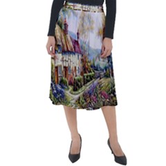 Colorful Cottage River Colorful House Landscape Garden Beautiful Painting Classic Velour Midi Skirt  by Grandong