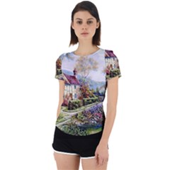 Colorful Cottage River Colorful House Landscape Garden Beautiful Painting Back Cut Out Sport T-shirt by Grandong