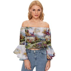 Colorful Cottage River Colorful House Landscape Garden Beautiful Painting Off Shoulder Flutter Bell Sleeve Top by Grandong