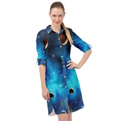 3d Universe Space Star Planet Long Sleeve Mini Shirt Dress