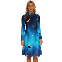 3d Universe Space Star Planet Long Sleeve Shirt Collar A-line Dress by Grandong