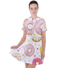 Vector Donut Seamless Pattern Short Sleeve Shoulder Cut Out Dress  by Grandong