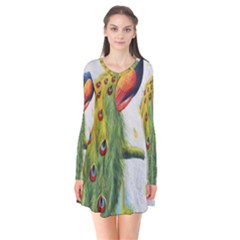 Peacock Art Long Sleeve V-neck Flare Dress by Grandong