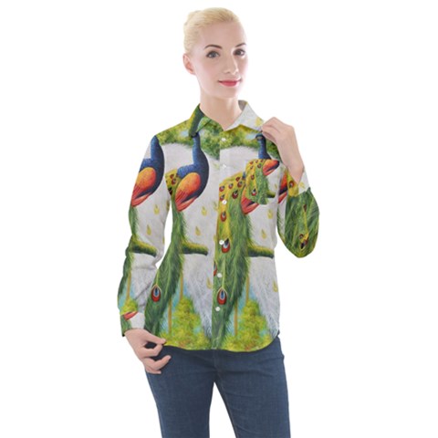 Peacock Art Women s Long Sleeve Pocket Shirt by Grandong