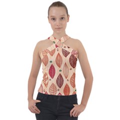 Forest Leaves Seamless Pattern With Natural Floral Cross Neck Velour Top