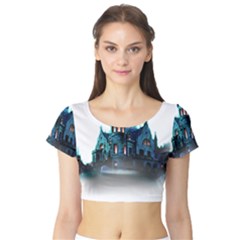 Blue Castle Halloween Horror Haunted House Short Sleeve Crop Top