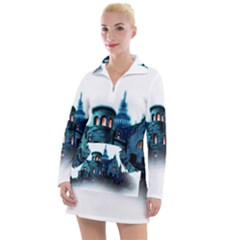 Blue Castle Halloween Horror Haunted House Women s Long Sleeve Casual Dress by Sarkoni