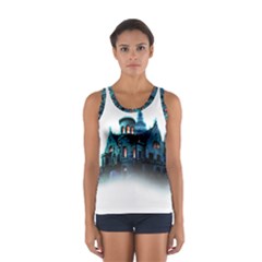 Blue Castle Halloween Horror Haunted House Sport Tank Top  by Sarkoni